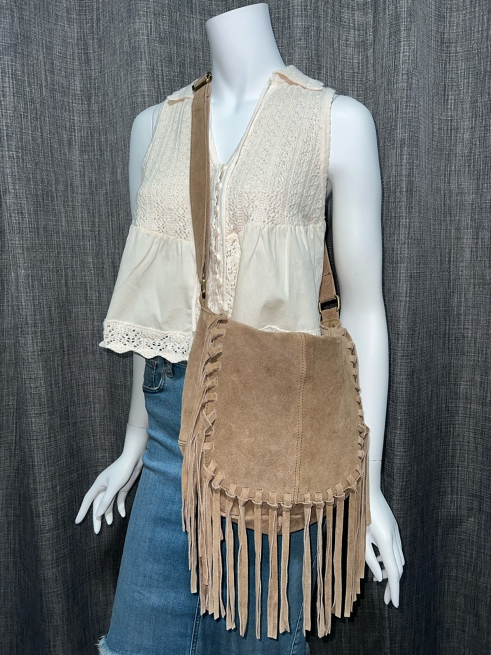 Forever 21 Genuine Cowhide Suede Fringe Crossbody Handbag Light Brown